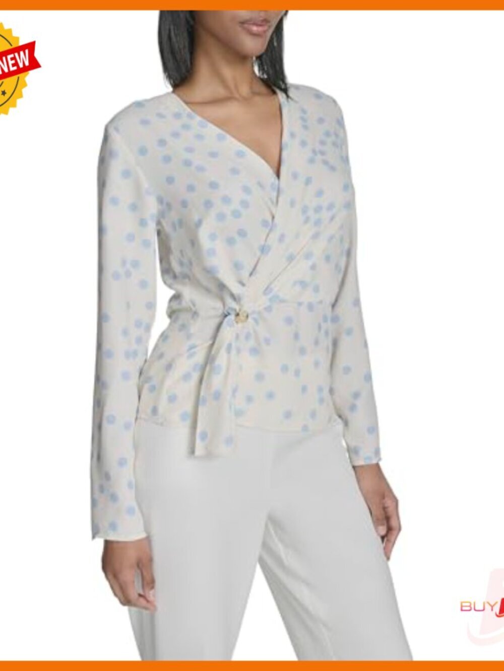 Long Sleeve Wrap Blouse with Hardware, Polka Dot Pattern, Regular Fit - Picture 3 of 6
